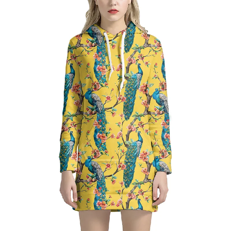 Vintage Watercolor Peacock Print Pullover Hoodie Dress