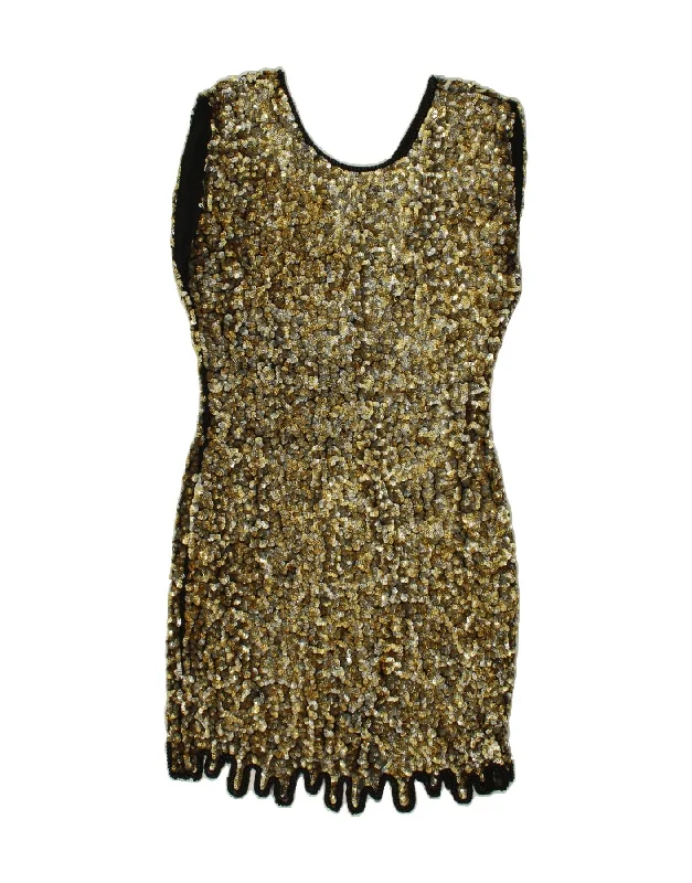 VINTAGE Womens Sequin Sheath Dress UK 14 Medium Gold Silk