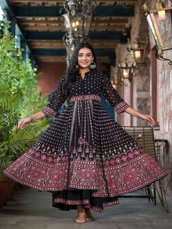 Women's Black Georgette Printed Dress - Juniper
