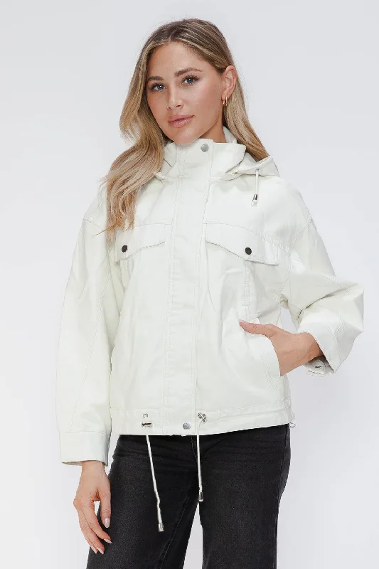 How Dare U Drawstring Hem PU Leather Zip Up Jacket In White One-Shoulder Jacket Off-the-Shoulder Jacket Asymmetrical Jacket How Dare U Drawstring Hem PU Leather Zip Up Jacket In White One-Shoulder Jacket Off-the-Shoulder Jacket Asymmetrical Jacket