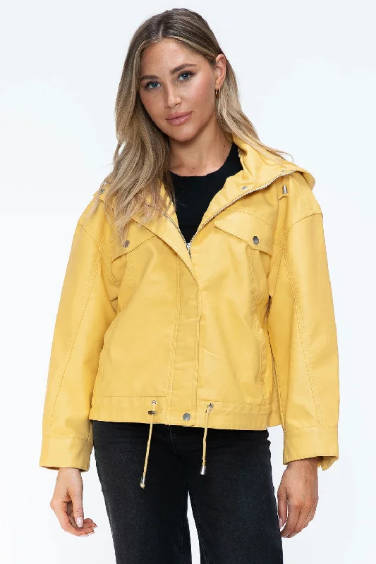 How Dare U Drawstring Hem PU Leather Zip Up Jacket Rayon Jacket Velvet Jacket Corduroy Jacket