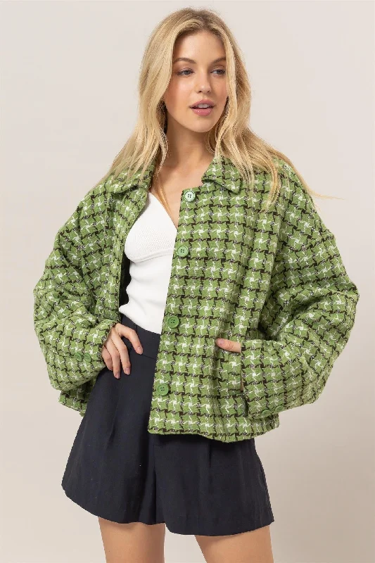 HYFVE Tweed Plaid Button Up Collared Neck Green Jacket Herringbone Jacket Houndstooth Jacket Plaid Jacket HYFVE Tweed Plaid Button Up Collared Neck Green Jacket Herringbone Jacket Houndstooth Jacket Plaid Jacket