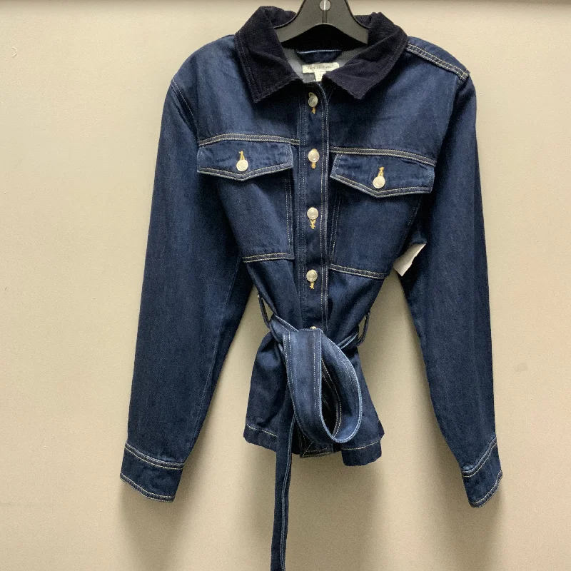 Jacket Denim By Free Assembly In Blue Denim, Size: L Notch Collar Peter Pan Collar Cowl Neck Jacket Denim By Free Assembly In Blue Denim, Size: L Notch Collar Peter Pan Collar Cowl Neck