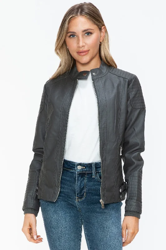 Snobbish Faux Leather Biker Jacket with Side Zip Pockets In Charcoal Snapped Jacket Toggled Jacket Drawstring Jacket Snobbish Faux Leather Biker Jacket with Side Zip Pockets In Charcoal Snapped Jacket Toggled Jacket Drawstring Jacket