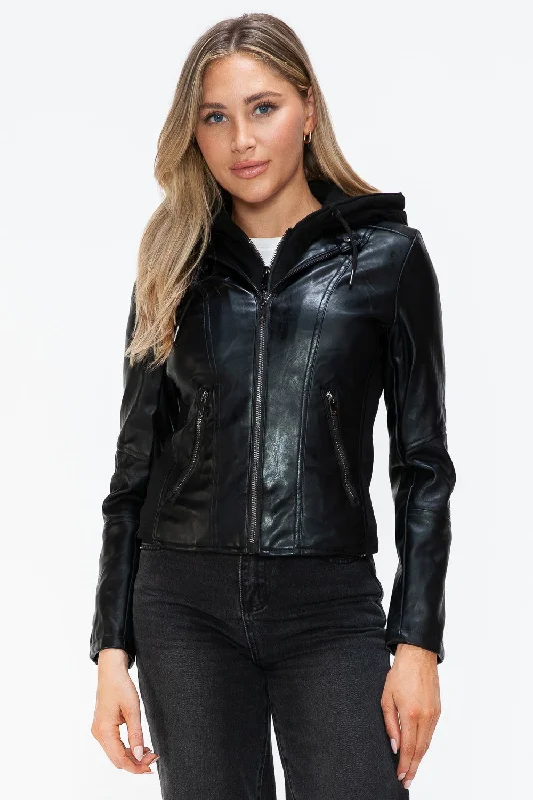 Snobbish Faux Leather Zip Up Drawstring Hooded Jacket Elasticated Jacket Padded Jacket Insulated Jacket