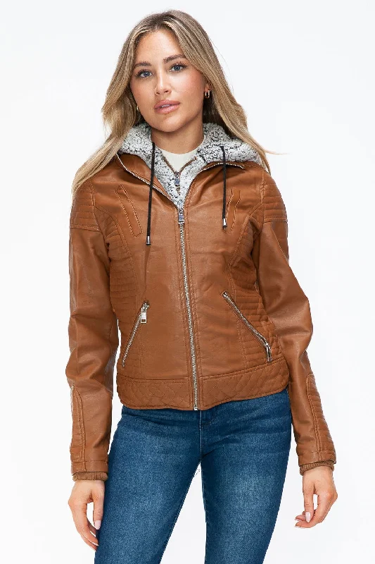 YMI Faux Layered Double-Zipper Jacket with Fuzzy Hood In Camel Denim Fabric Leather Fabric Suede Fabric