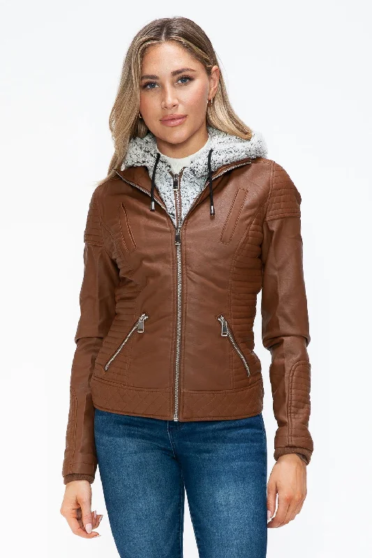 YMI Faux Layered Double-Zipper Jacket with Fuzzy Hood In Rust Print Jacket Jacquard Jacket Embroidered Jacket
