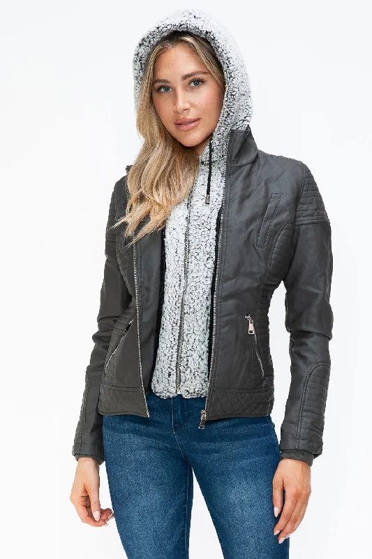 YMI Faux Layered Double-Zipper Jacket with Fuzzy Hood Elasticated Jacket Padded Jacket Insulated Jacket YMI Faux Layered Double-Zipper Jacket with Fuzzy Hood Elasticated Jacket Padded Jacket Insulated Jacket