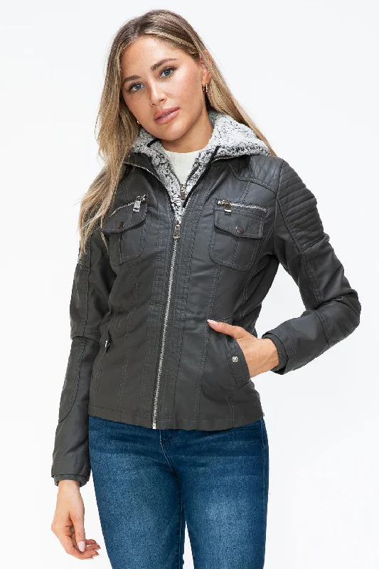 YMI Removable Faux Layered Multi-Pocket Jacket with Fuzzy Hood Cotton Jacket Linen Jacket Terry Jacket YMI Removable Faux Layered Multi-Pocket Jacket with Fuzzy Hood Cotton Jacket Linen Jacket Terry Jacket