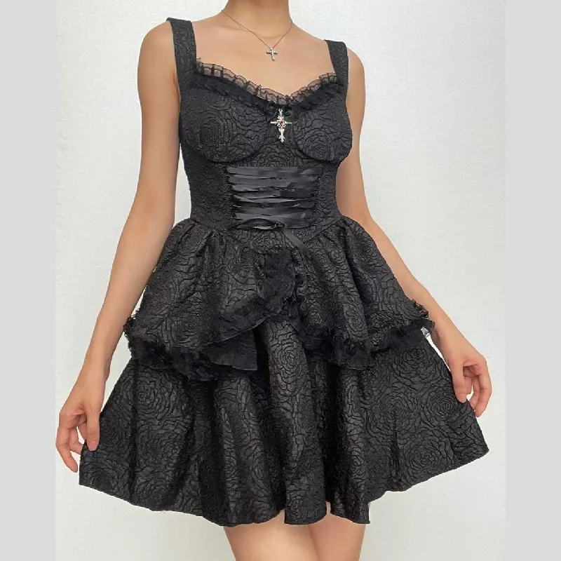 Backless lace up zip-up textured solid lace hem mini dress | victorian gothic dresses Fashionable Button-Front Mini Dress