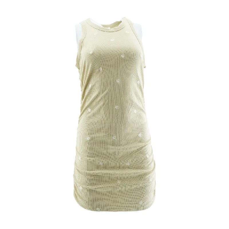 Beige Embroidery Detail Mini Dress Comfortable Shift Mini Dress