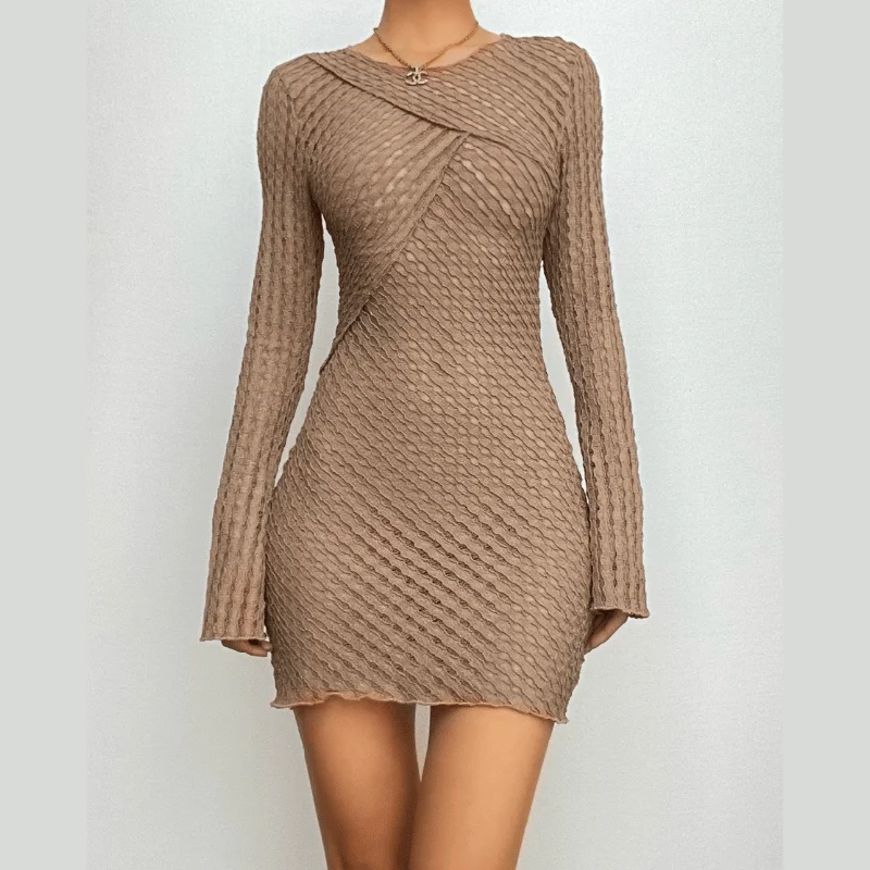 Crewneck long sleeve textured stitch ruffle solid mini dress Elegant Vintage Mini Dress Crewneck long sleeve textured stitch ruffle solid mini dress Elegant Vintage Mini Dress