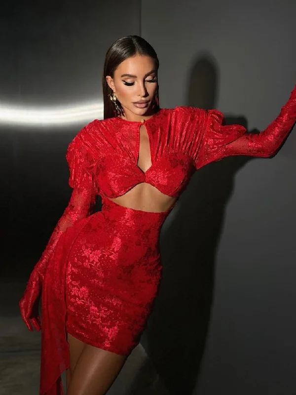 New Long Sleeves Cutout Pleated Mini Dress with Gloves Elegant Satin Lace Mini Dress New Long Sleeves Cutout Pleated Mini Dress with Gloves Elegant Satin Lace Mini Dress