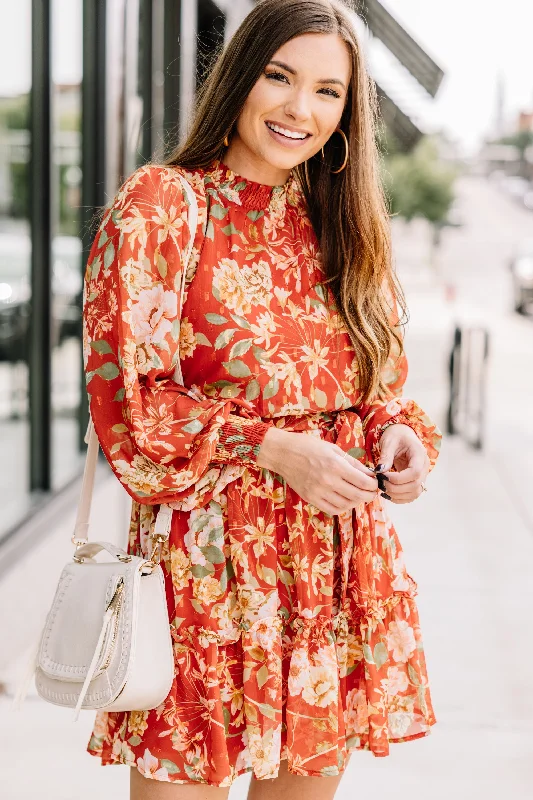 Now Or Never Rust Orange Floral Mini Dress Modern Satin Mini Dress