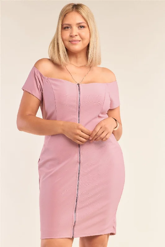 Plus Size Fitted Off-the-shoulder Front Zipper Bodycon Mini Dress Casual Button-Up Mini Dress Plus Size Fitted Off-the-shoulder Front Zipper Bodycon Mini Dress Casual Button-Up Mini Dress