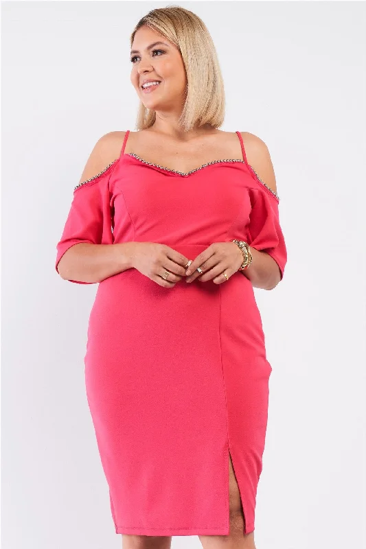 Plus Coral Pink Off-the-shoulder Silver Ball Beaded Hem Mini Dress Cozy Sweater Mini Dress Plus Coral Pink Off-the-shoulder Silver Ball Beaded Hem Mini Dress Cozy Sweater Mini Dress