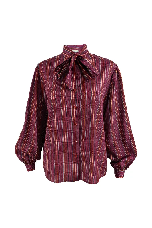 Aquascutum Vintage Dark Pink Checked Pussy Bow Blouse, 1980s Casual Button Blouse