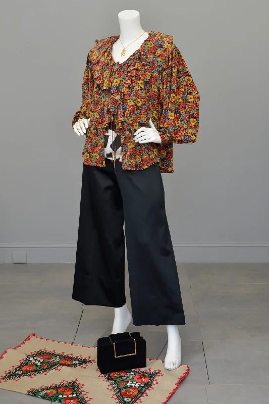 Vintage Floral Print Silk Balloon Sleeve Ruffle Blouse Silky Draped Blouse
