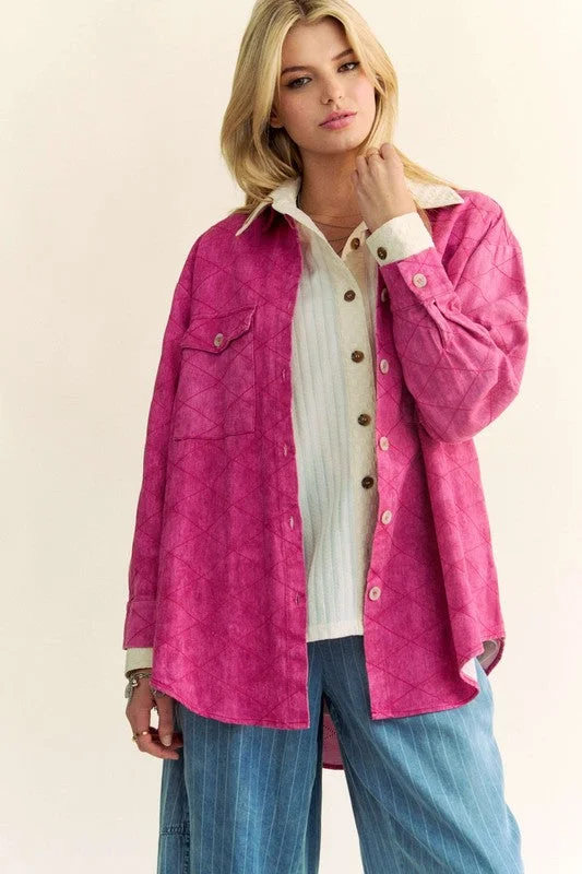 Davi & Dani Curved Hem Diamond Quilted Button Up Denim Shacket Lightweight Chiffon Blouse Davi & Dani Curved Hem Diamond Quilted Button Up Denim Shacket Lightweight Chiffon Blouse
