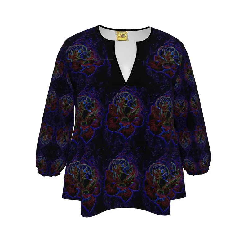 Floral Embosses: Roses 01 Patterned Designer 3/4 Sleeve Notch Neck Tunic Blouse Feminine Satin Blouse Floral Embosses: Roses 01 Patterned Designer 3/4 Sleeve Notch Neck Tunic Blouse Feminine Satin Blouse