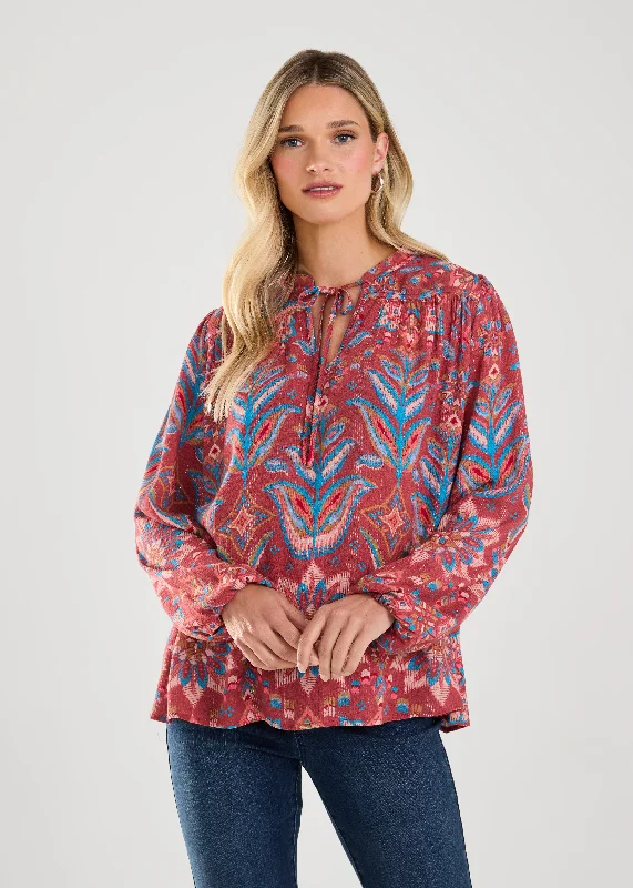 Long Sleeve Tie-Up Blouse Relaxed Fit Blouse