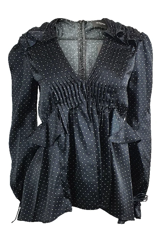 THE KOOPLES Black Long Sleeved Polka Dot Satin Blouse (2 | UK 12 | EU 38) Delicate Pleat Blouse THE KOOPLES Black Long Sleeved Polka Dot Satin Blouse (2 | UK 12 | EU 38) Delicate Pleat Blouse