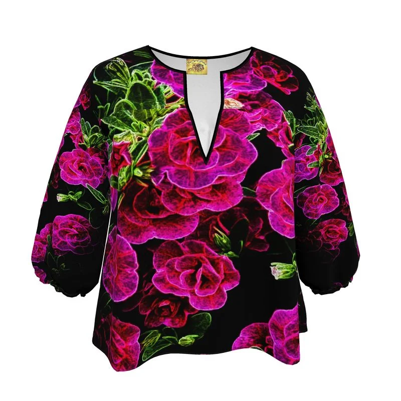 Floral Embosses: Roses 02-01 Designer 3/4 Sleeve Notch Neck Tunic Blouse Chic Wrap Blouse Floral Embosses: Roses 02-01 Designer 3/4 Sleeve Notch Neck Tunic Blouse Chic Wrap Blouse