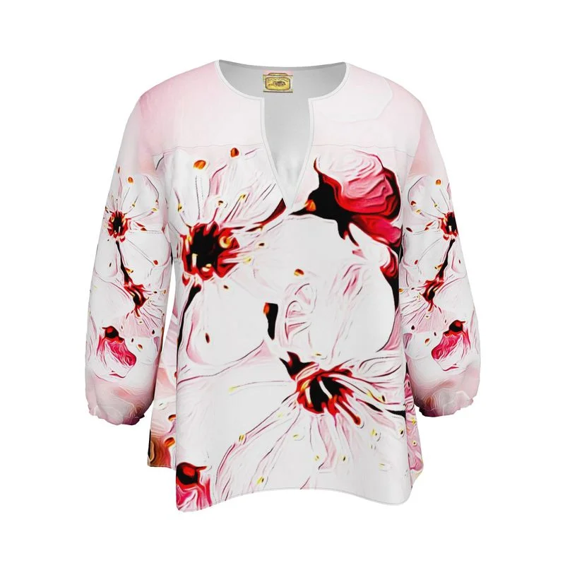 Floral Embosses: Pictorial Cherry Blossoms 01-02 Designer 3/4 Sleeve Notch Neck Tunic Blouse Feminine Ruffle Blouse Floral Embosses: Pictorial Cherry Blossoms 01-02 Designer 3/4 Sleeve Notch Neck Tunic Blouse Feminine Ruffle Blouse