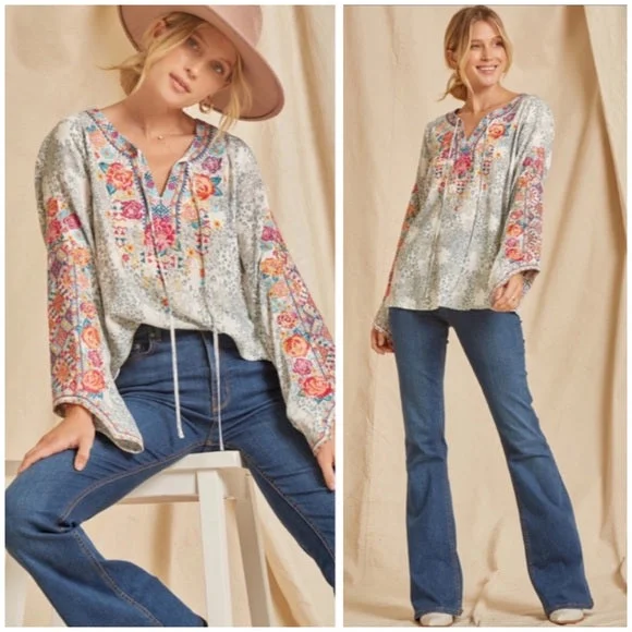 Colorful Boho Floral Embroidered Long Sleeve Tie Woven Blouse Casual Women's Classic White Blouse Colorful Boho Floral Embroidered Long Sleeve Tie Woven Blouse Casual Women's Classic White Blouse