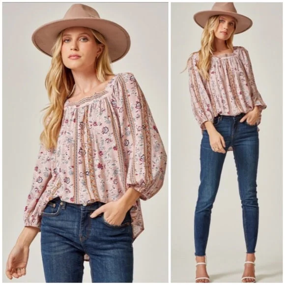 Mauve Bohemian Floral Print Peasant Long Sleeve Tie Back Square Neck Blouse Mandarin Collar Blouse Mauve Bohemian Floral Print Peasant Long Sleeve Tie Back Square Neck Blouse Mandarin Collar Blouse
