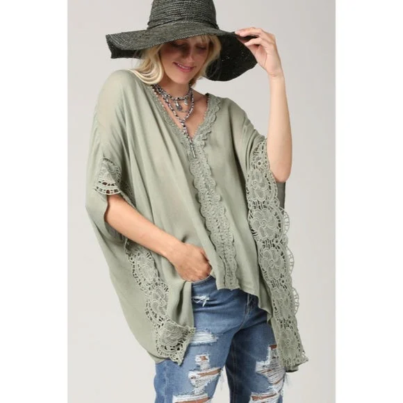 Olive Green Yoryu V-Neck Lace Trim Kimono Blouse Bohemian Casual Top Women's Casual Relaxed Fit Blouse Olive Green Yoryu V-Neck Lace Trim Kimono Blouse Bohemian Casual Top Women's Casual Relaxed Fit Blouse
