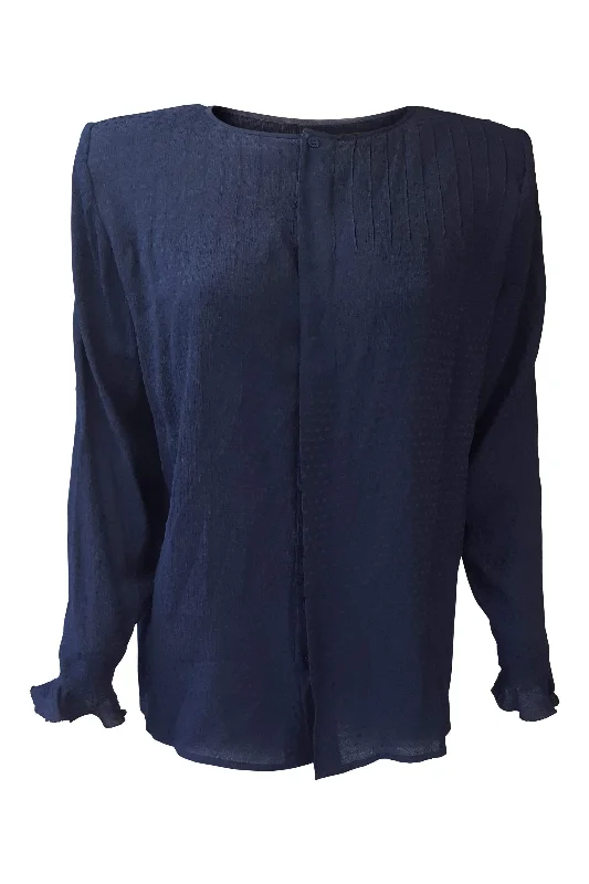 VALENTINO Vintage Navy Blue 100% Silk Pin tuck Blouse (40 / 6) Elegant Semi-Sheer Blouse VALENTINO Vintage Navy Blue 100% Silk Pin tuck Blouse (40 / 6) Elegant Semi-Sheer Blouse