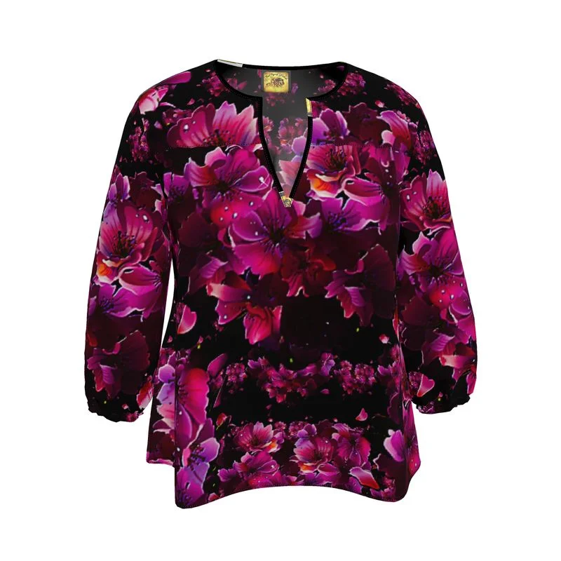 TRP Floral Print 02 Designer 3/4 Sleeve Notch Neck Tunic Blouse Satin Bow Blouse