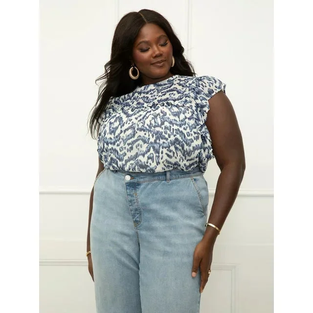 ELOQUII Elements 2052052 Women's Plus Size Sleeveless Ruffle Trimmed Blouse, Animal Ikat Blue 14 Textured Cotton Blouse ELOQUII Elements 2052052 Women's Plus Size Sleeveless Ruffle Trimmed Blouse, Animal Ikat Blue 14 Textured Cotton Blouse