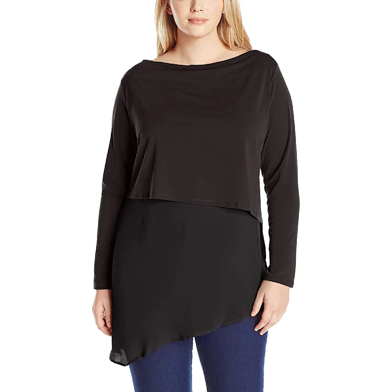 NY Collection Black Long Sleeve Layered Asymmetric Hem Blouse Plus Size Wrap Front Blouse NY Collection Black Long Sleeve Layered Asymmetric Hem Blouse Plus Size Wrap Front Blouse