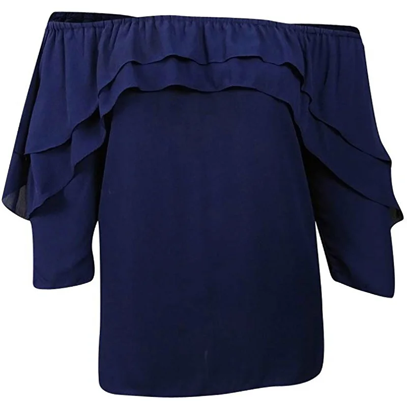 NY Collection Blue 3/4 Sleeve Off-the-Shoulder Ruffled Blouse Plus Size Relaxed Fit Blouse NY Collection Blue 3/4 Sleeve Off-the-Shoulder Ruffled Blouse Plus Size Relaxed Fit Blouse
