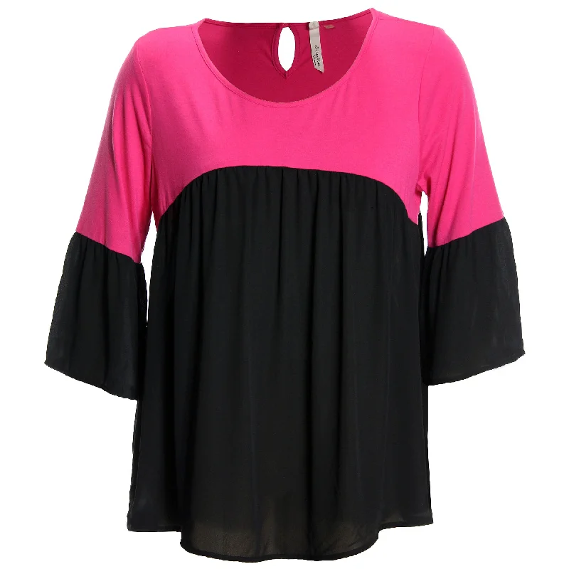 NY Collection Pink/Black Color Block 3/4 Bell Sleeve Blouse Embellished Collar Blouse NY Collection Pink/Black Color Block 3/4 Bell Sleeve Blouse Embellished Collar Blouse
