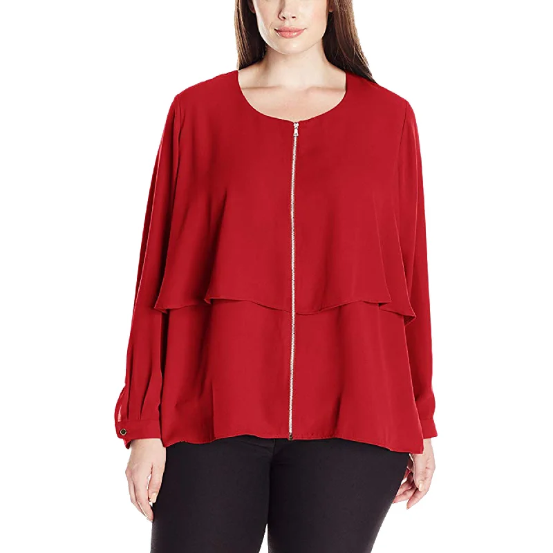 NY Collection Red Long Sleeve Zip Front Layered High-Low Blouse Plus Size Elegant Lace Blouse NY Collection Red Long Sleeve Zip Front Layered High-Low Blouse Plus Size Elegant Lace Blouse