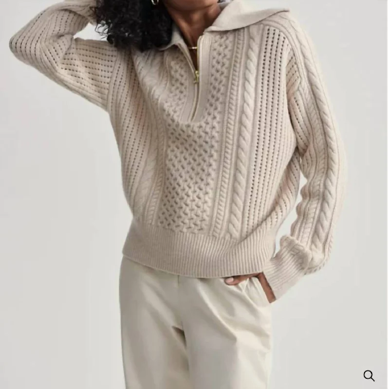 Camello Releaxed Cable Half Zip Sweater In Parchment Front Pockets Side Pockets Patch Pockets Camello Releaxed Cable Half Zip Sweater In Parchment Front Pockets Side Pockets Patch Pockets