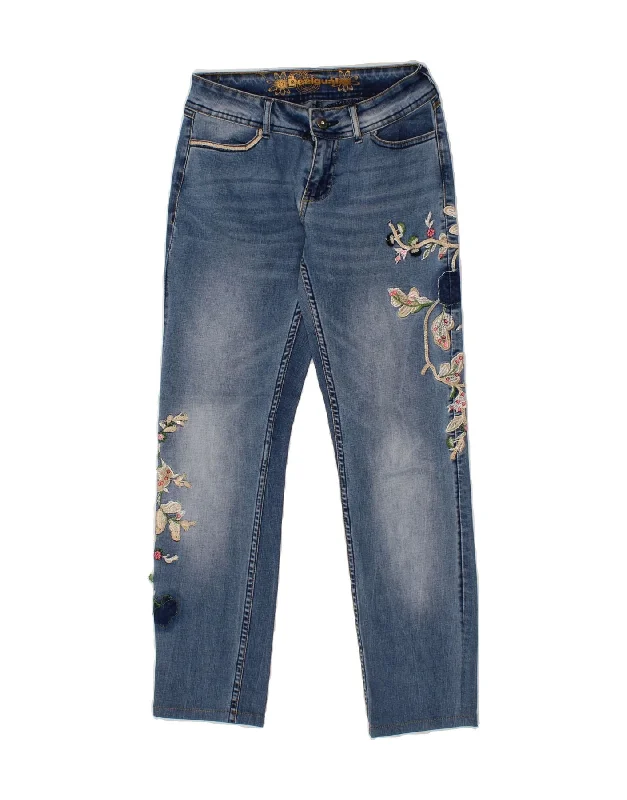 DESIGUAL Womens Graphic Tapered Jeans W28 L27 Blue Floral Trendy Paperbag Waist Jeans DESIGUAL Womens Graphic Tapered Jeans W28 L27 Blue Floral Trendy Paperbag Waist Jeans