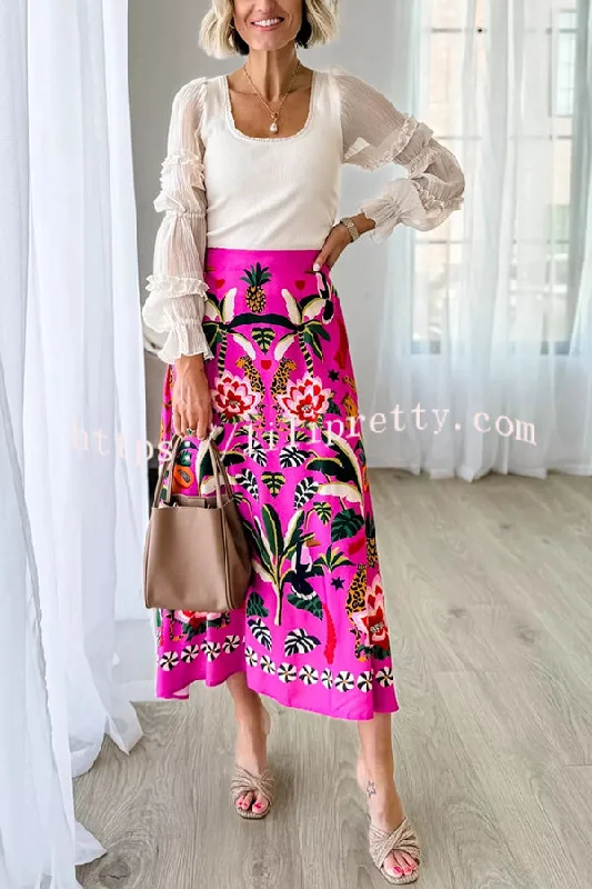 Lilipretty Creative Tropical Rainforest Unique Print High Rise Midi Skirt denim skirt stylish Lilipretty Creative Tropical Rainforest Unique Print High Rise Midi Skirt denim skirt stylish