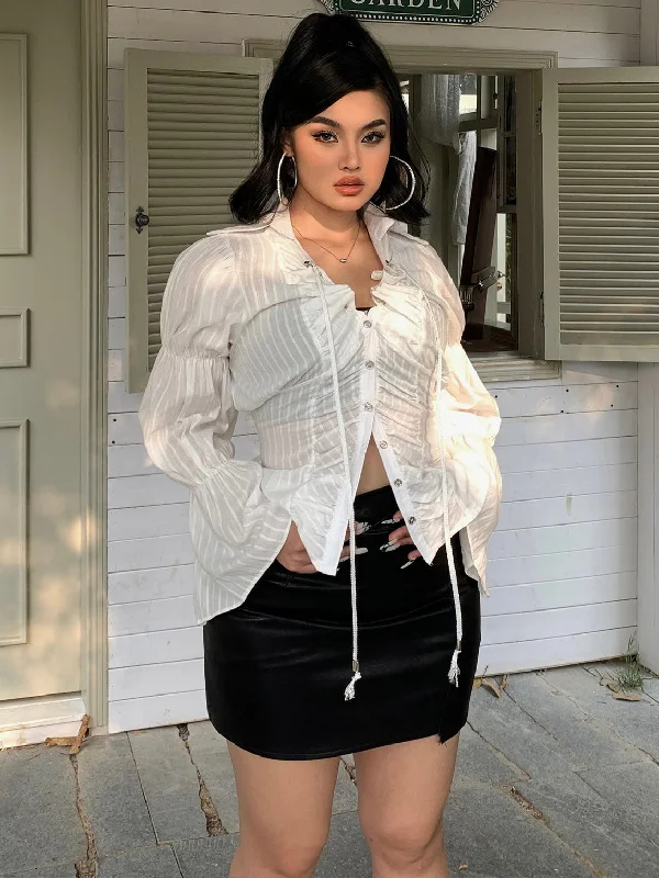 Jenna Solid Color See Through White Long Puffed Sleeve Button Up Shirt + Black High Waist Mini Skirt Matching Set lace skirt romantic Jenna Solid Color See Through White Long Puffed Sleeve Button Up Shirt + Black High Waist Mini Skirt Matching Set lace skirt romantic