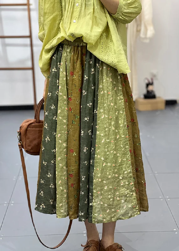 New Green Print Elastic Waist Linen Skirts Summer wool skirt thick