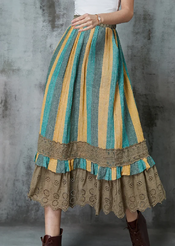 Vintage Green Striped Patchwork Linen Skirt Spring leather skirt bold