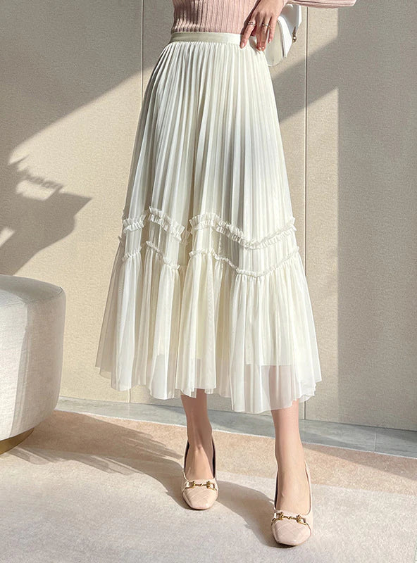 PLEATED CORRUGATED SPLICED GAUZE SKIRT belted skirt waist