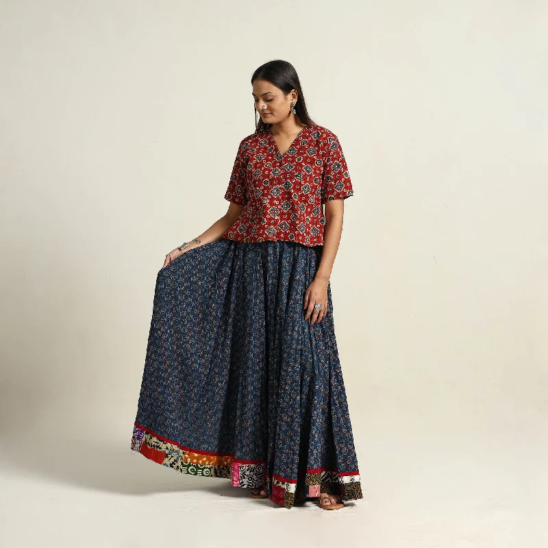 Blue - Hand Block Printed Cotton Long Ajrakh Skirt 01 elastic waist skirt