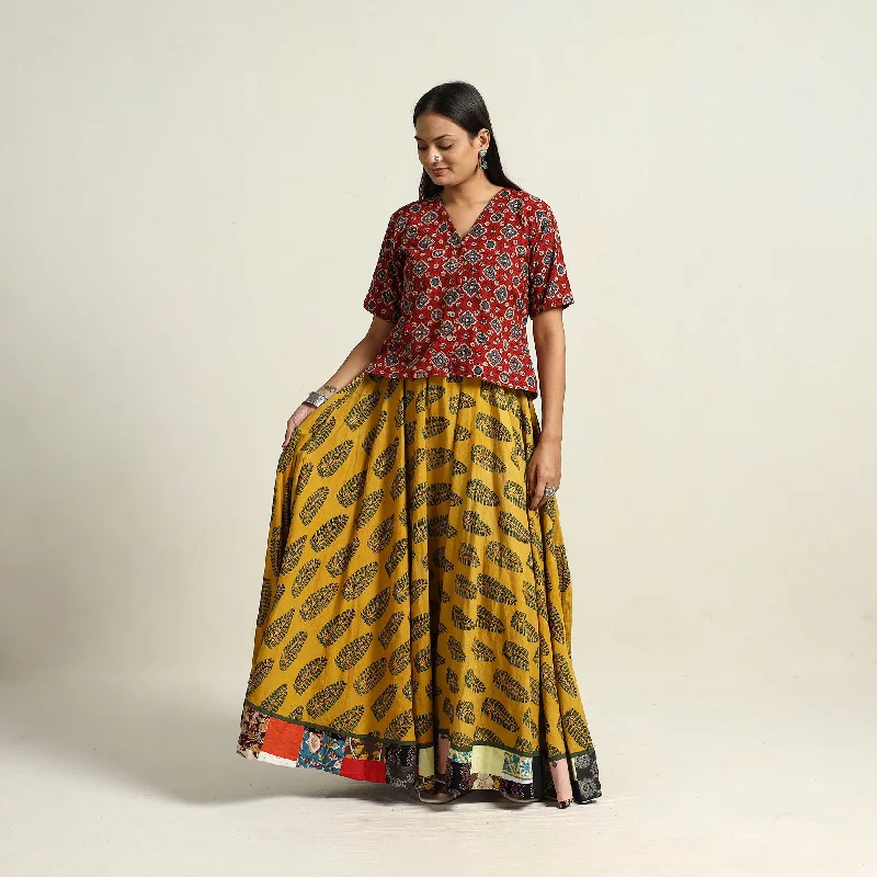 Yellow - Hand Block Printed Cotton Long Ajrakh Skirt 11 lace skirt romantic