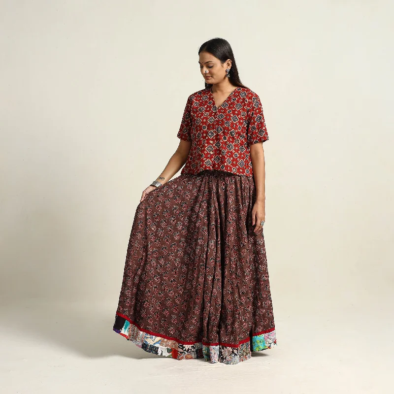 Brown - Hand Block Printed Cotton Long Ajrakh Skirt 12 wrap skirt elegant