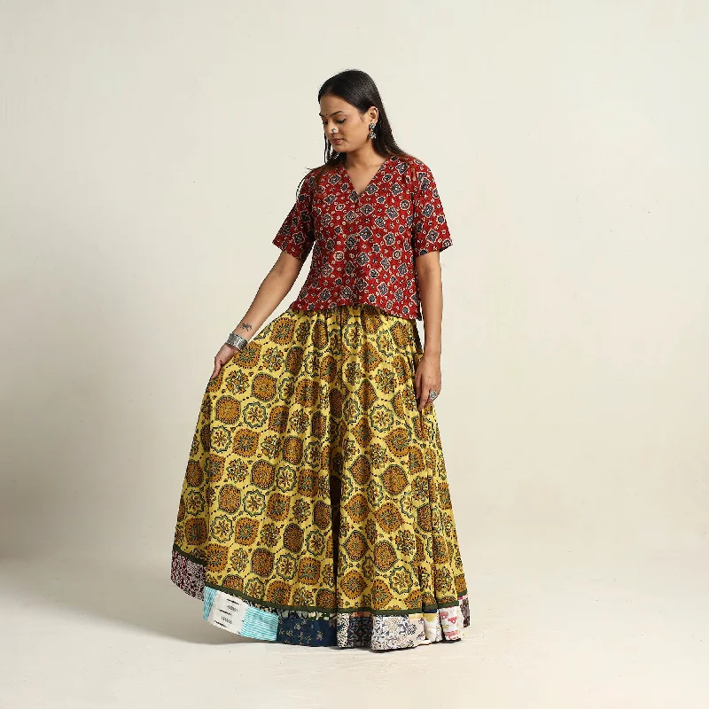 Yellow - Hand Block Printed Cotton Long Ajrakh Skirt 14 modal blend skirt