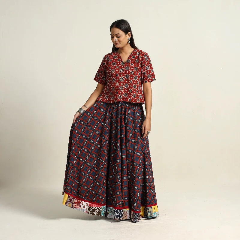 Multicolor - Hand Block Printed Cotton Long Ajrakh Skirt 15 denim skirt classic